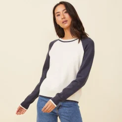 MONROW Soft Knit Colorblock Raglan IVORY/BLUEBLACK Discount